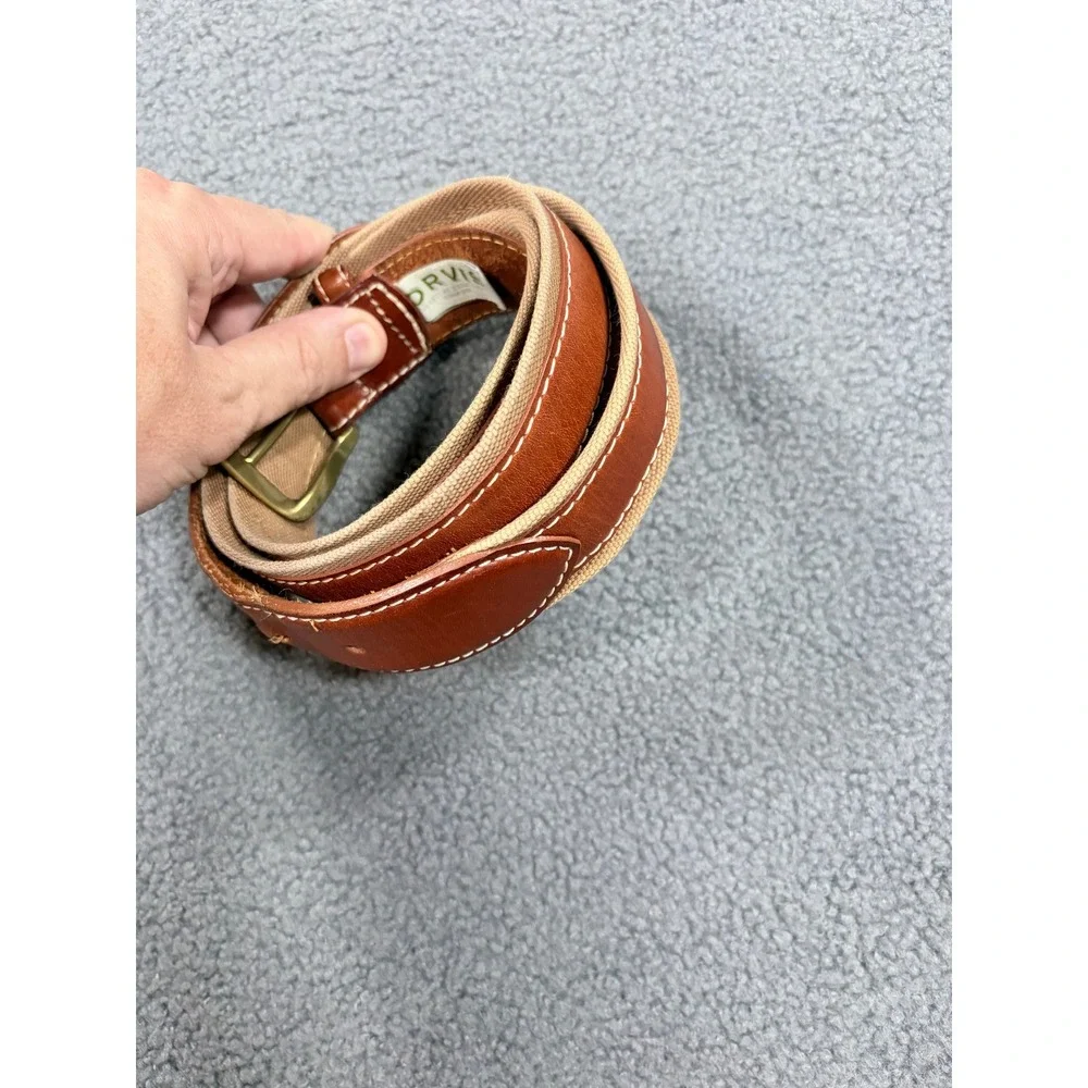 Orvis Belt Mens 42 Brown Canvas Leather Inlay Brass Buckle Made in USA 84ZL